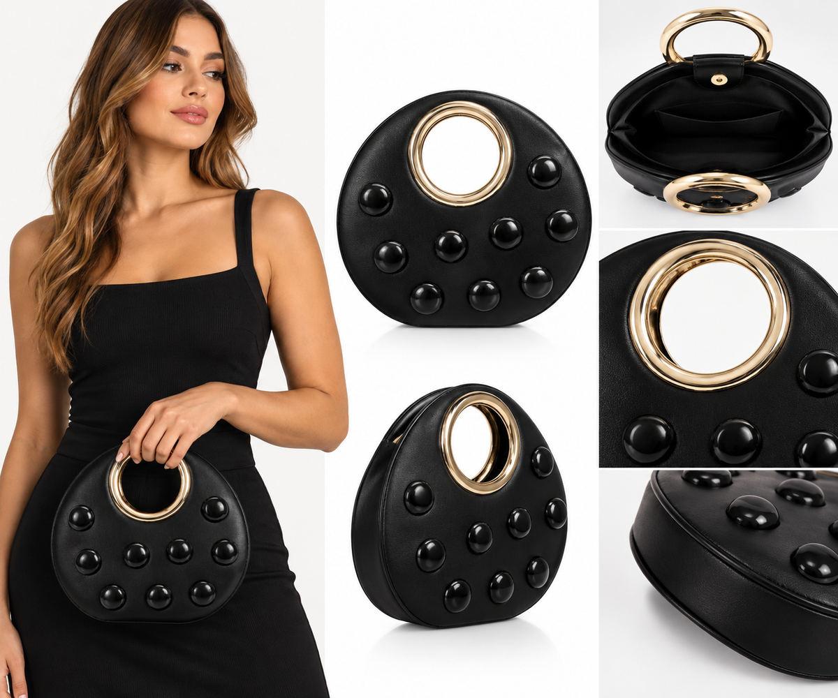 Black Studded Round Handbag