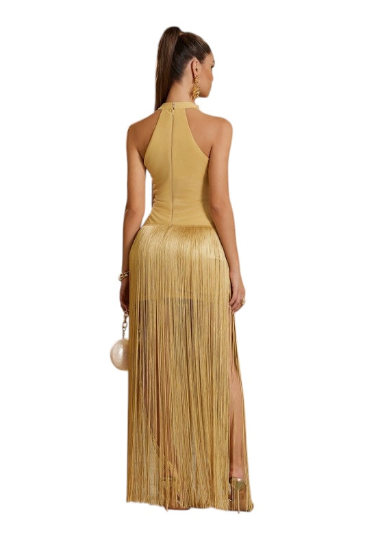 Golden Pearl Fringe Maxi Dress