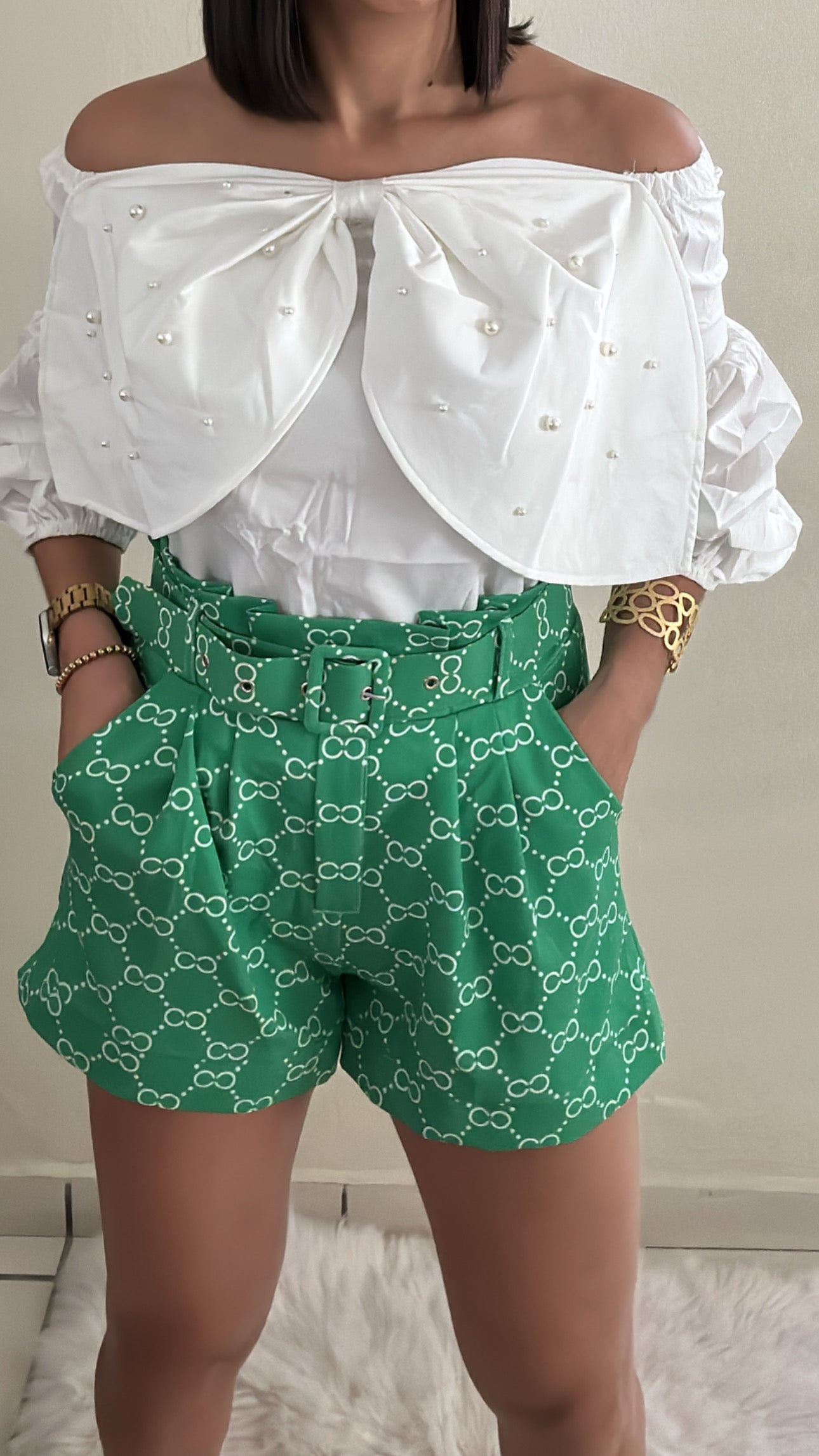 Off The Shoulder Pearl Embellished Bow Tops