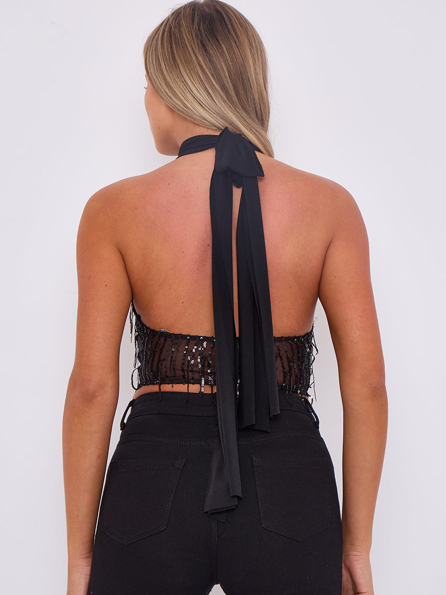 Sequin Tassel Halter Crop Top