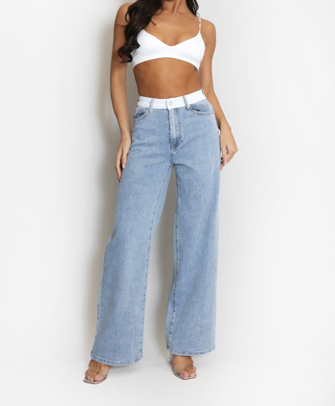 Faded Blue Banded Waist Dad Fit Jeans