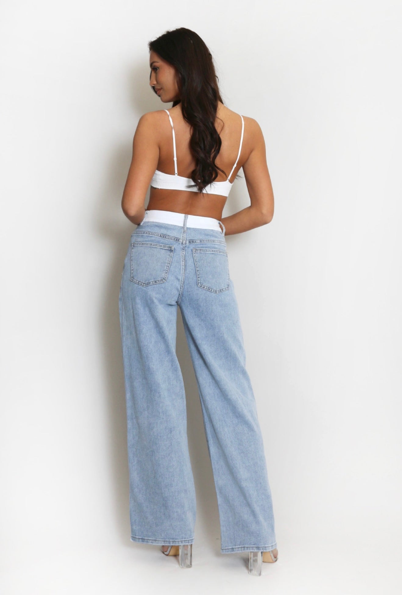 Faded Blue Banded Waist Dad Fit Jeans