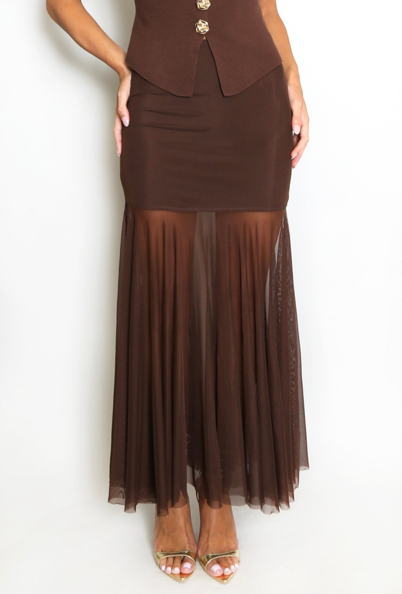 Panelled Mesh Hem Maxi Skirt