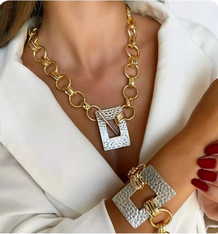 Silver rectangle necklace set