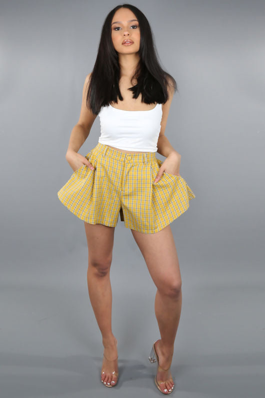 Mustard Check Flared Shorts