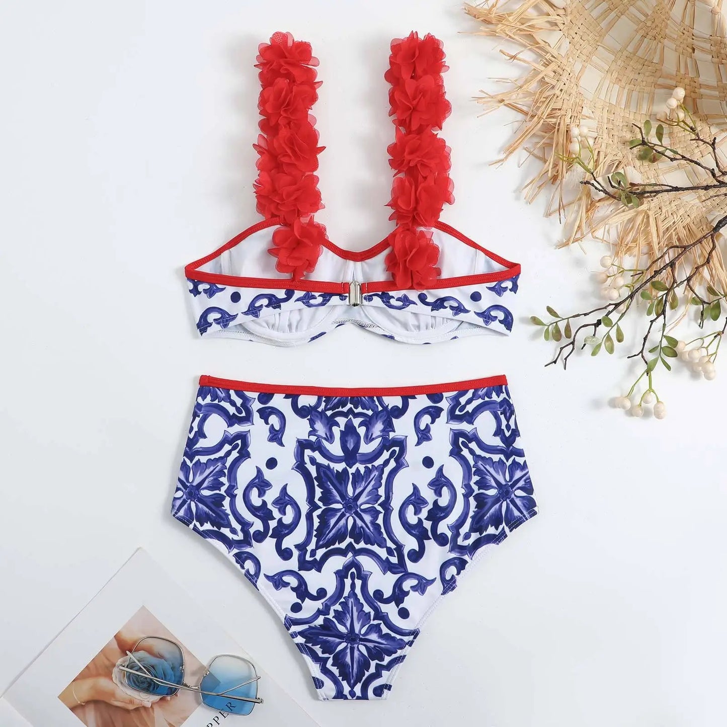 Vintage red flowers swimsuit