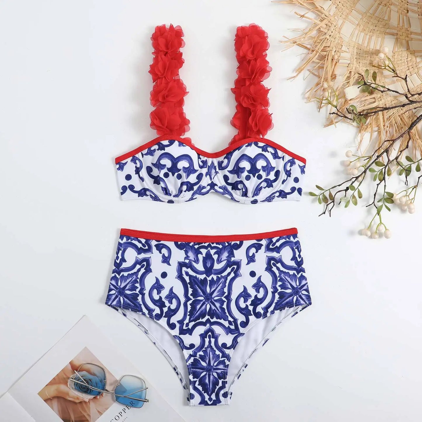 Vintage red flowers swimsuit