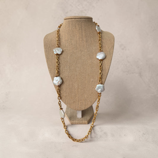 Golden Bloom Artisan Necklace with Natural Pearl Flowers