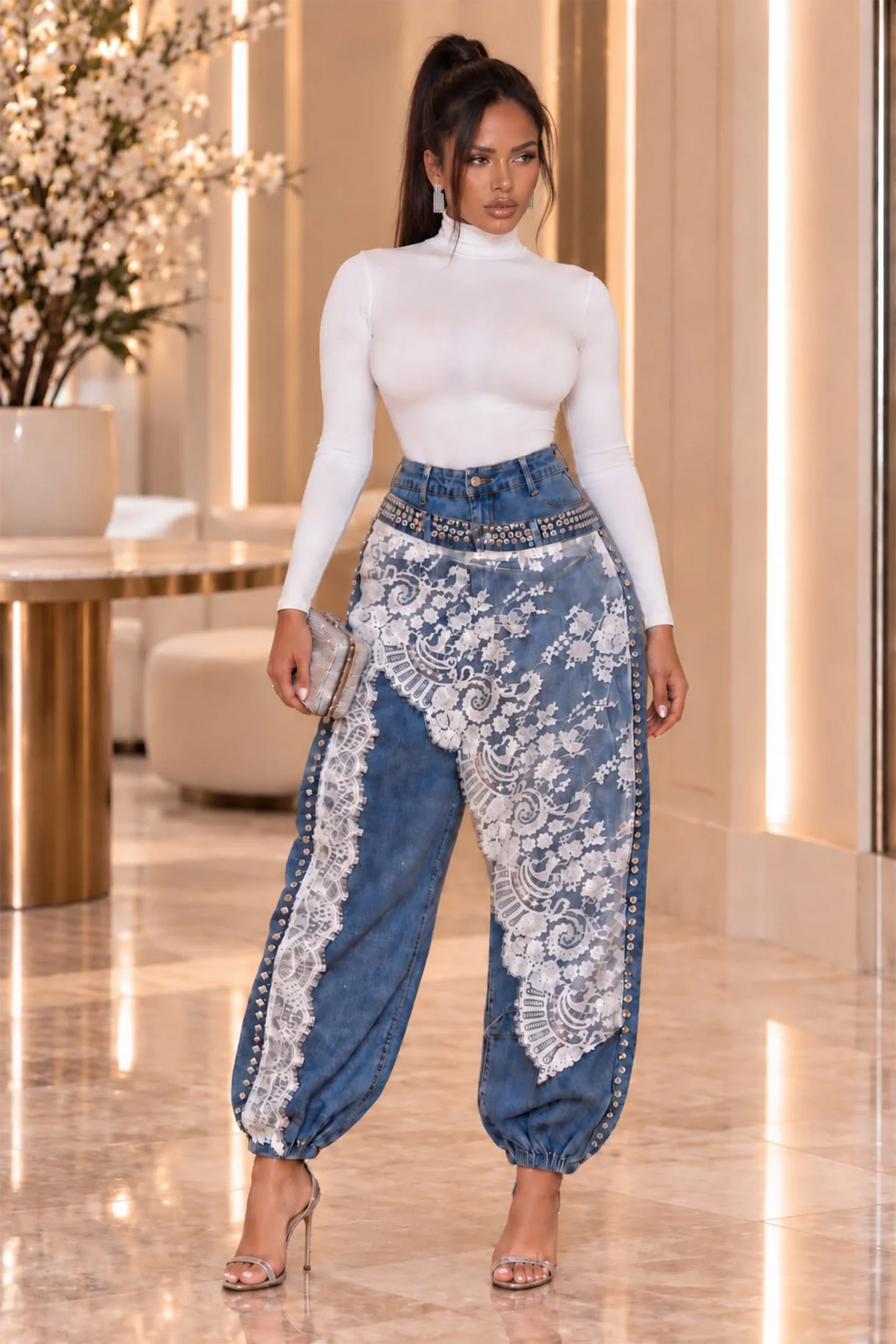 Lace Detail Studded Denim Joggers