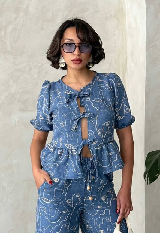 Blouse With Front Tie Embroidery