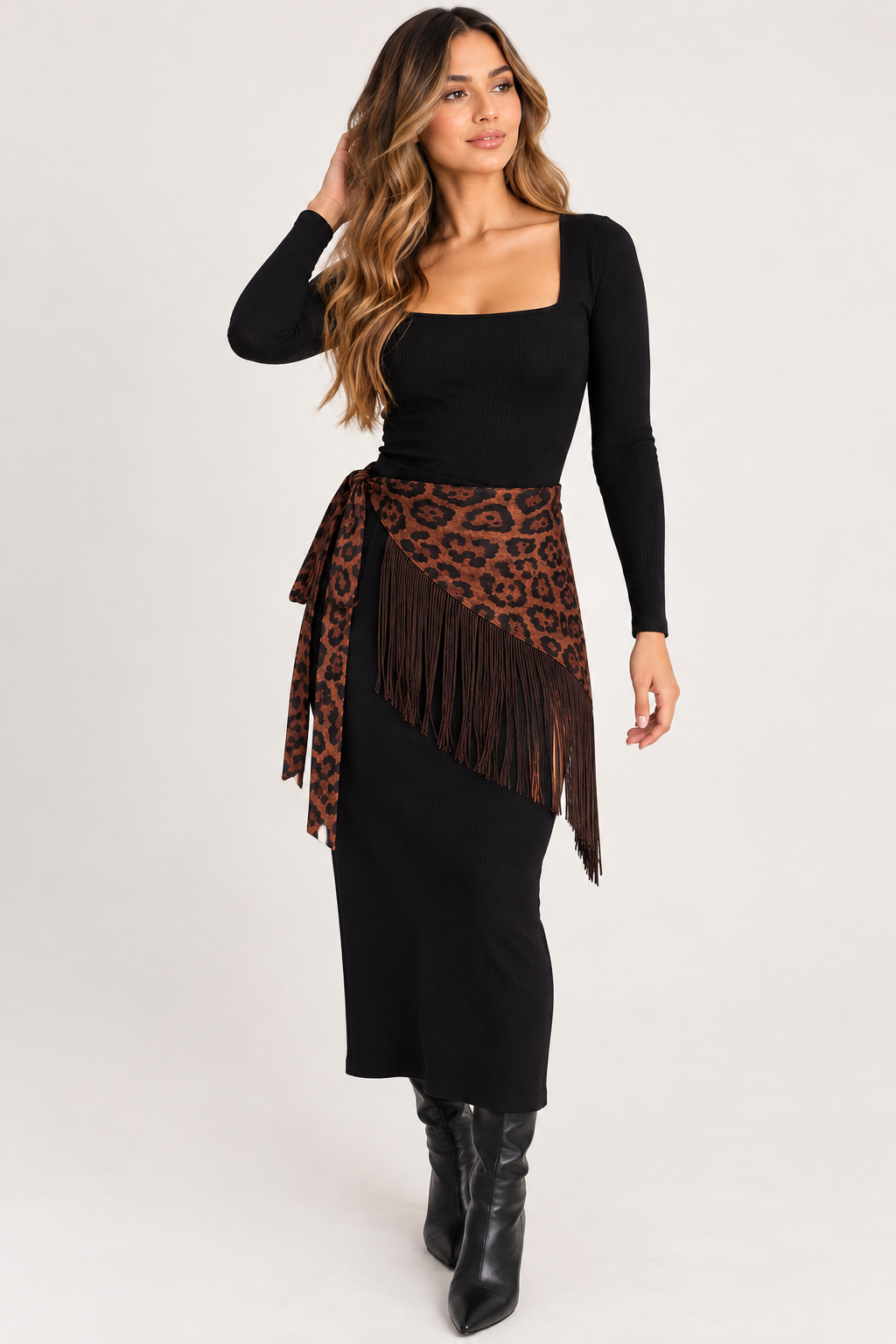Leopard Print Fringe Waist Scarf