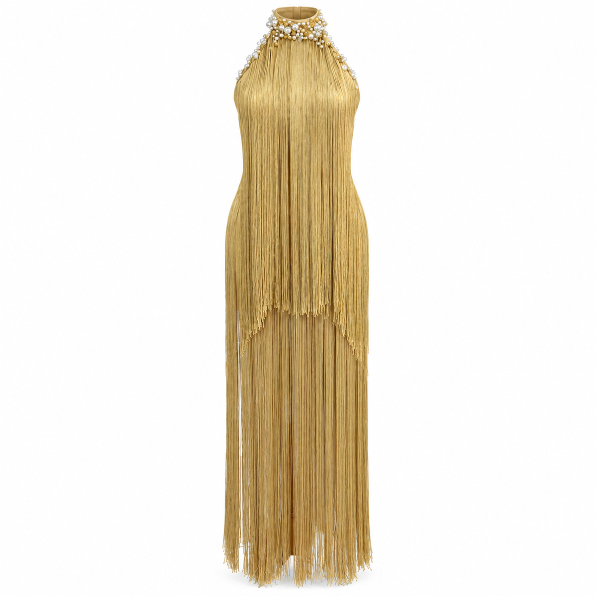 Golden Pearl Fringe Maxi Dress