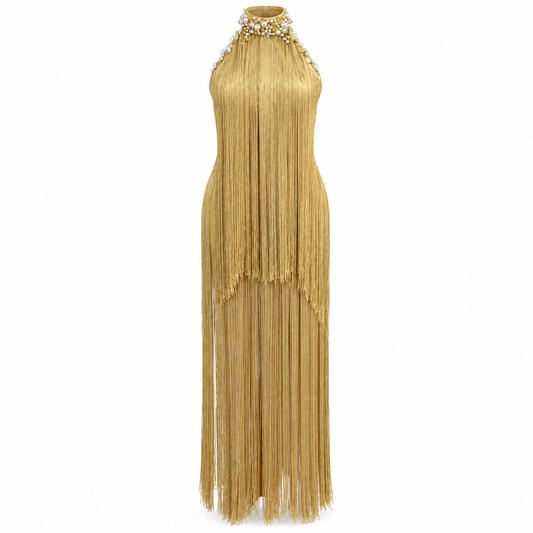 Golden Pearl Fringe Maxi Dress