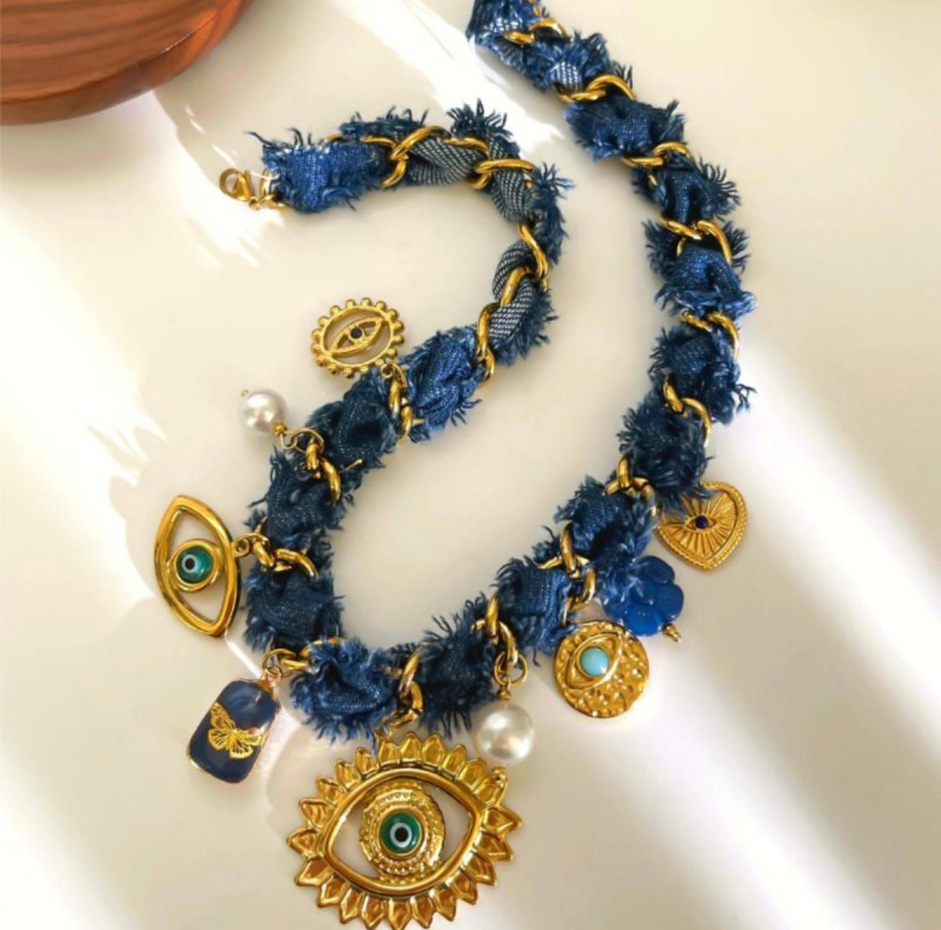 Denim eye gold necklace