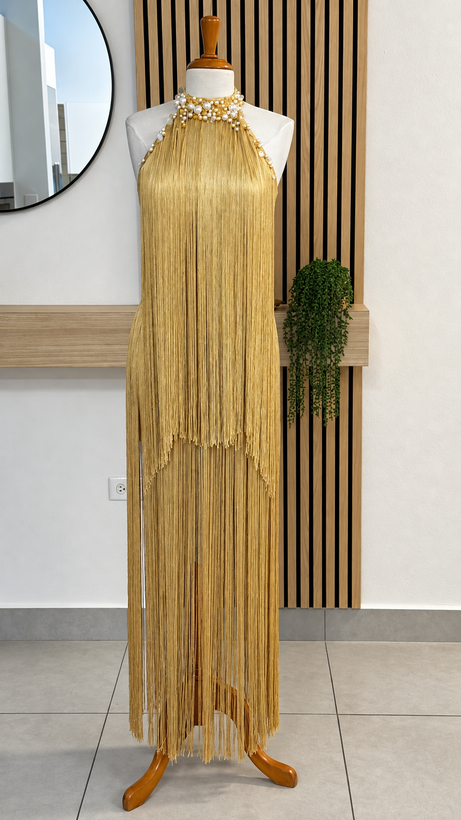 Golden Pearl Fringe Maxi Dress