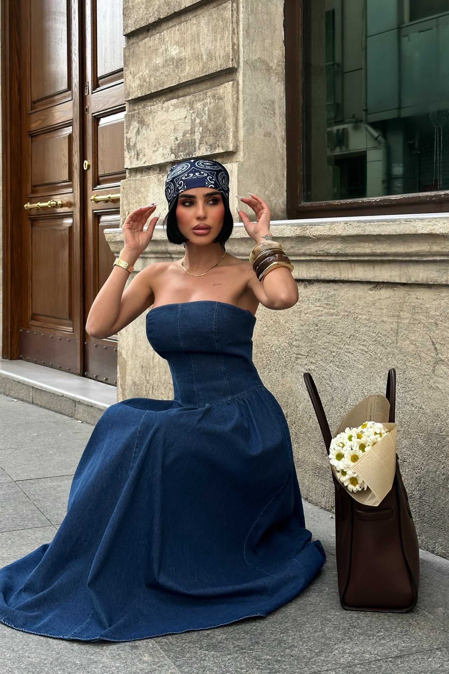 Waist Strapless Denim Dress