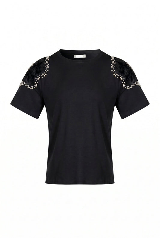 Knit T-shirt with Embellished Sheer Flowers