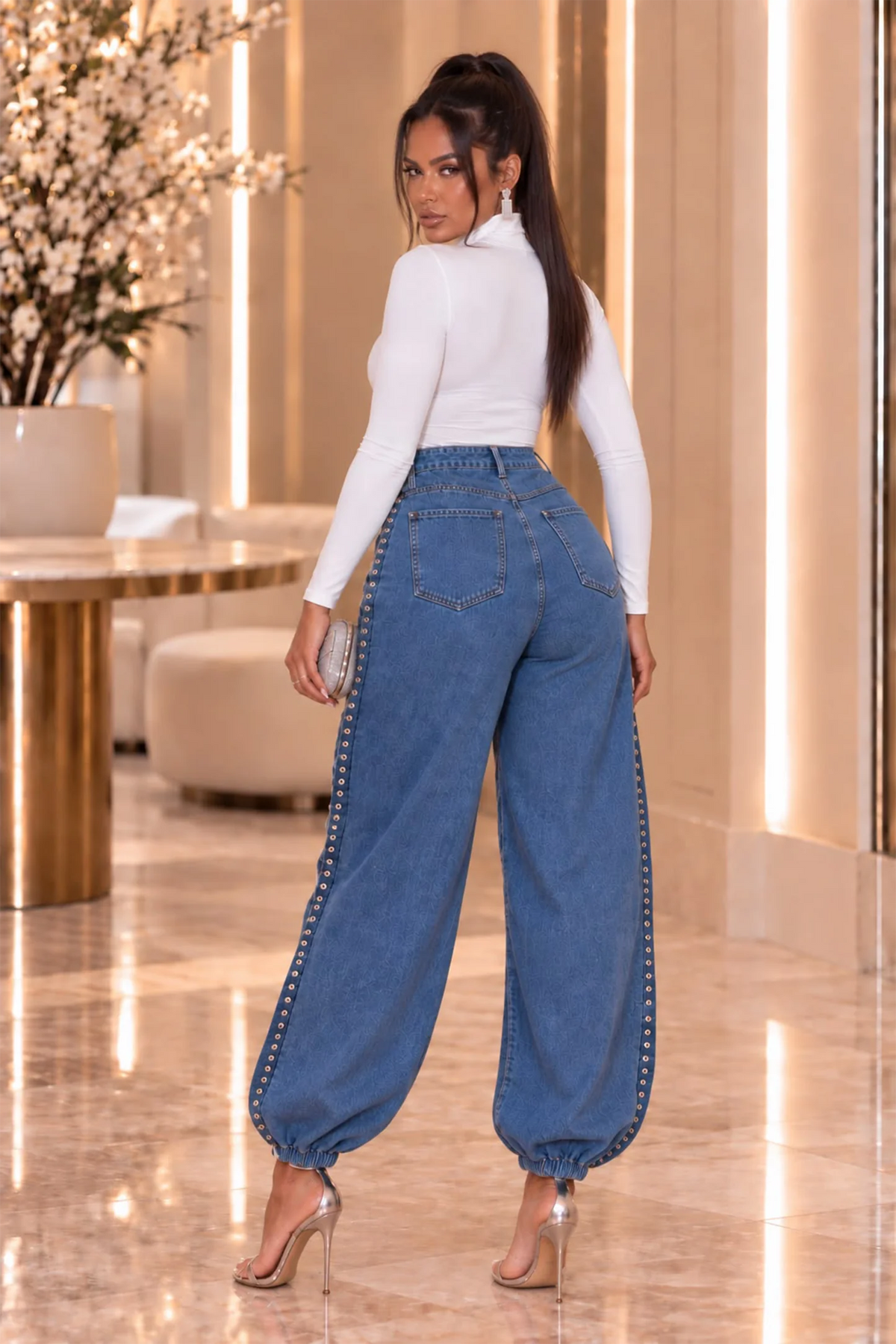 Lace Detail Studded Denim Joggers