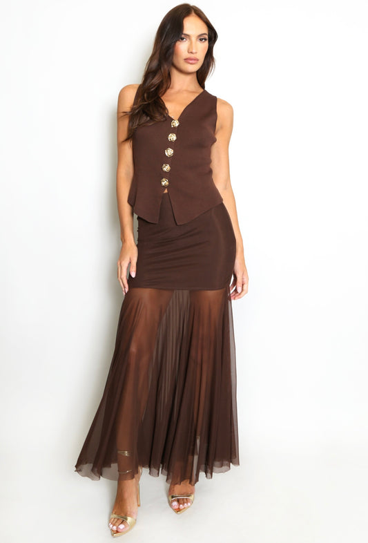 Panelled Mesh Hem Maxi Skirt