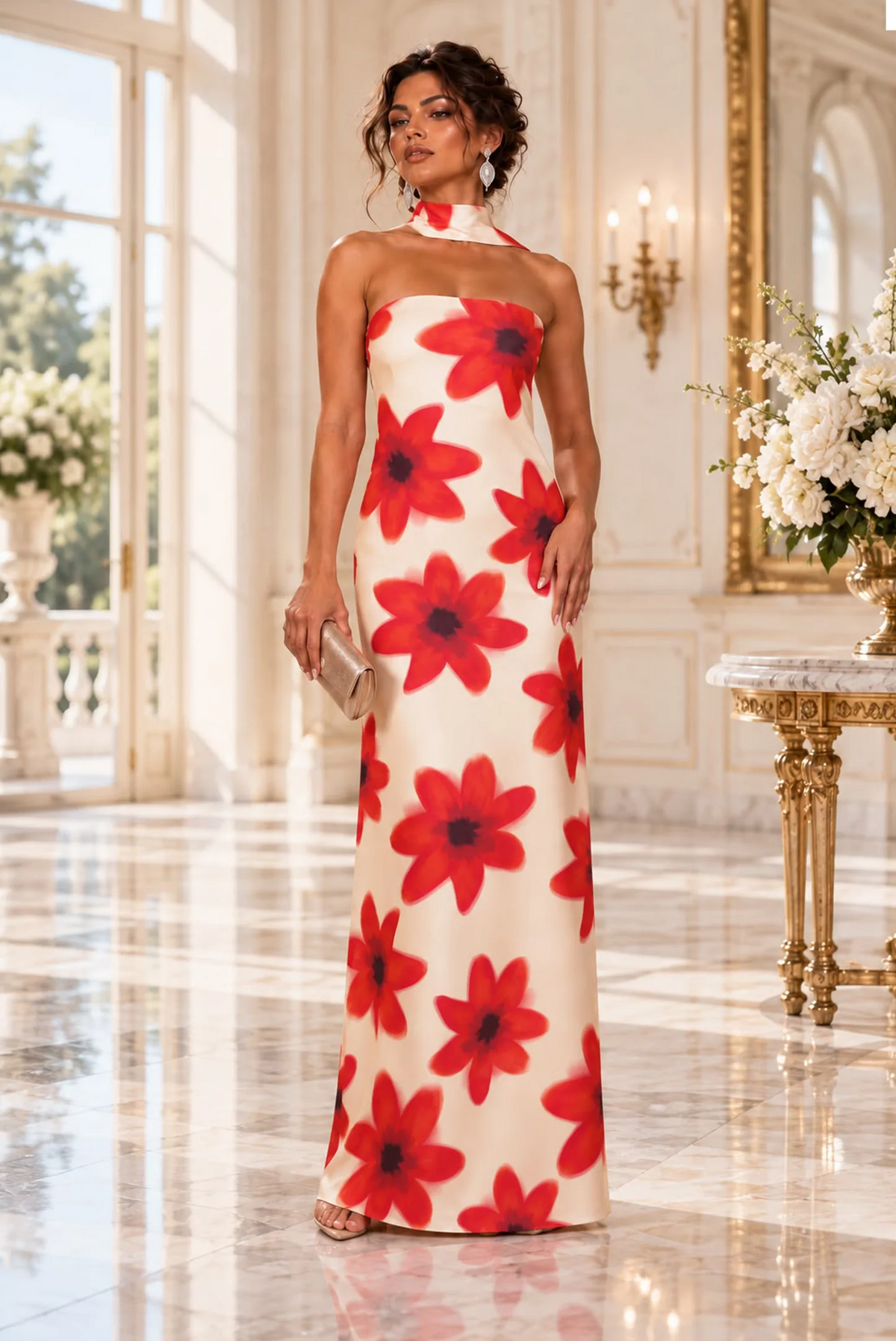 Red Bloom Strapless Maxi Dress