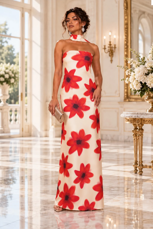 Red Bloom Strapless Maxi Dress