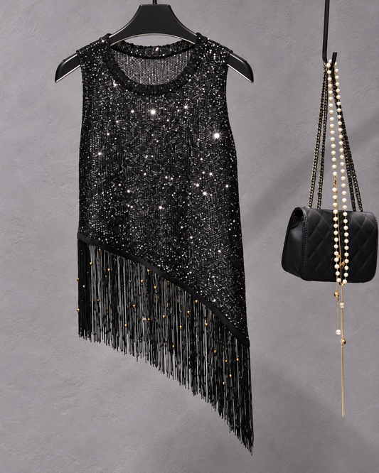 Asymmetrical Sequin Fringe Top