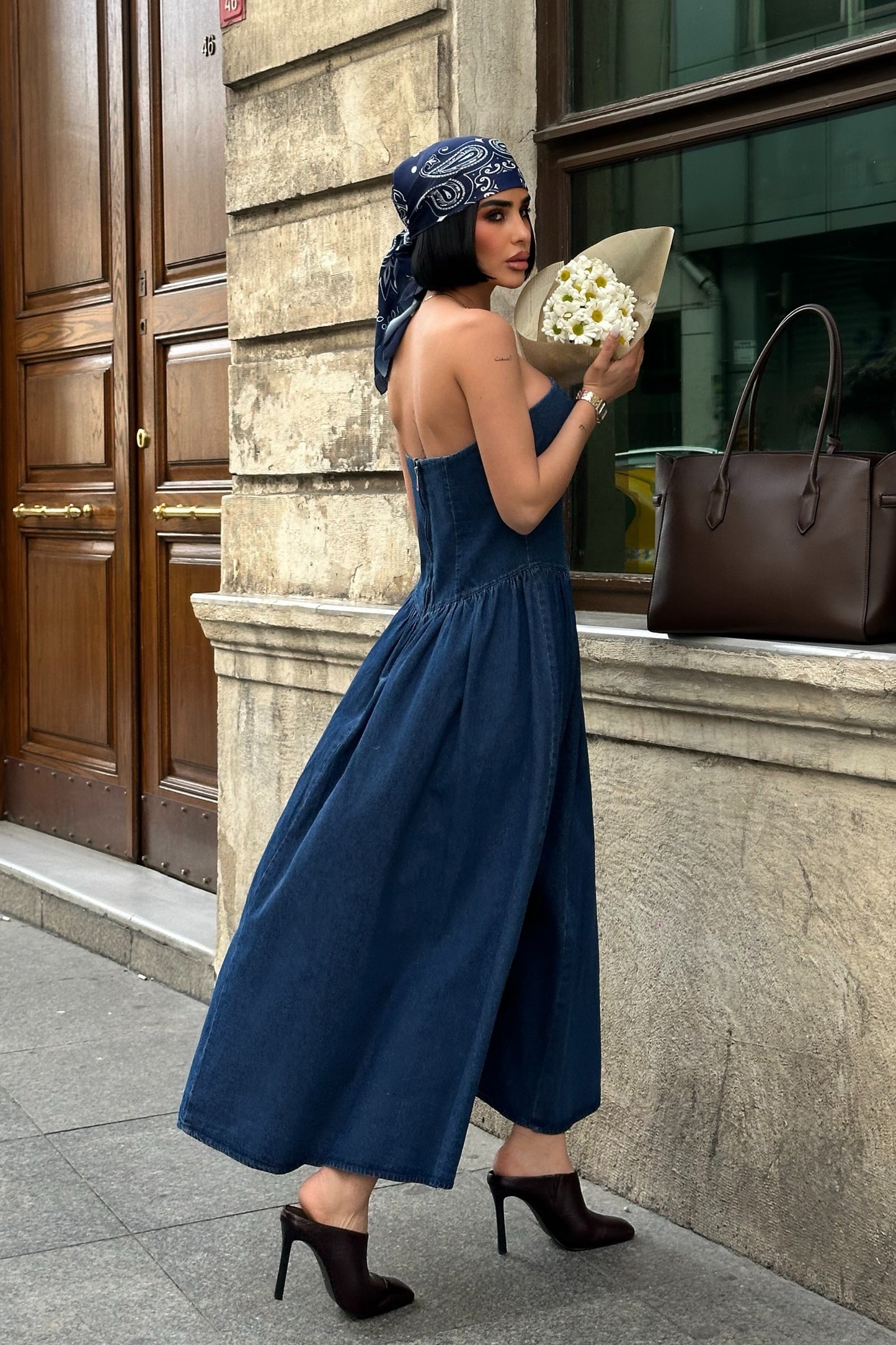 Waist Strapless Denim Dress