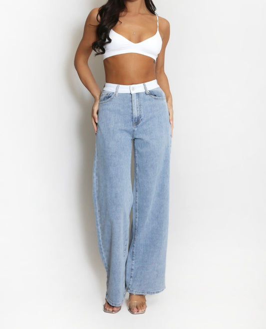 Faded Blue Banded Waist Dad Fit Jeans