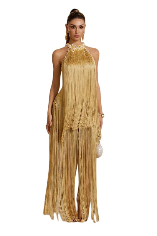 Golden Pearl Fringe Maxi Dress