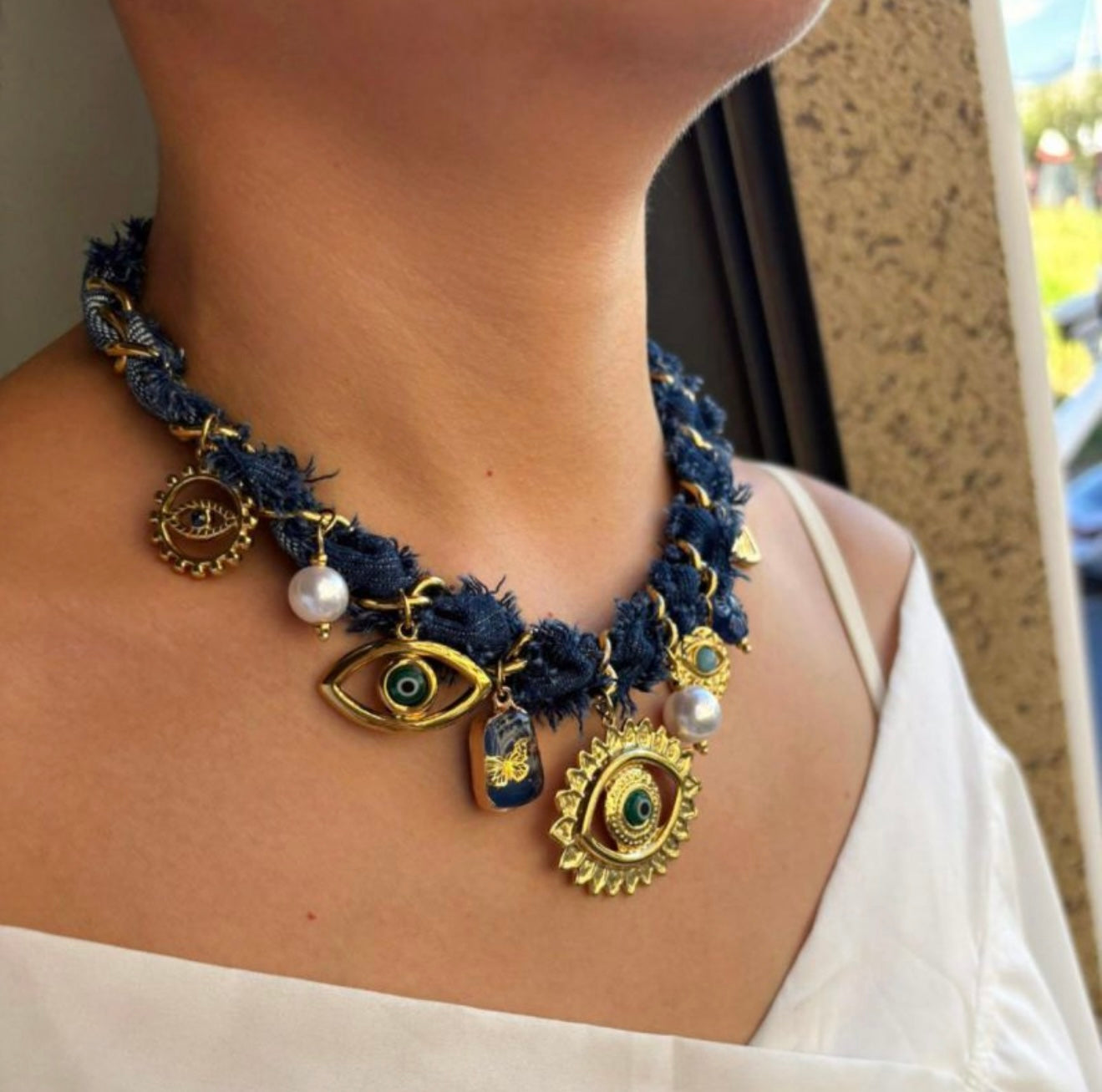 Denim eye gold necklace