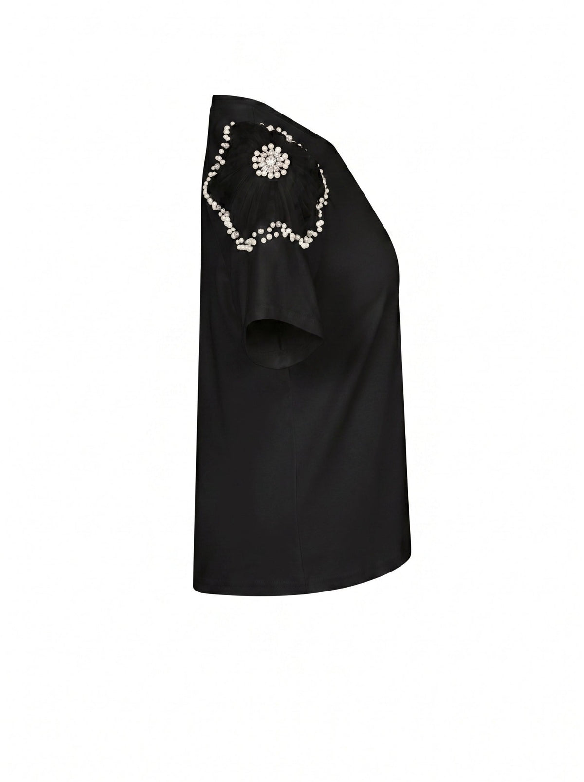 Knit T-shirt with Embellished Sheer Flowers