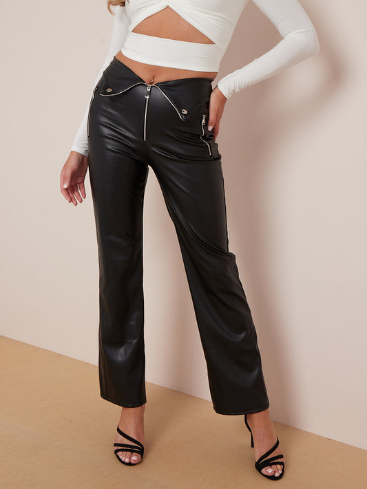 Faux Leather Wide Leg Trouser With Zip Detail