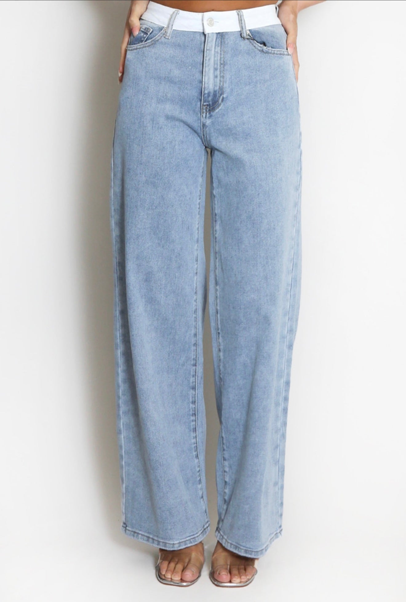 Faded Blue Banded Waist Dad Fit Jeans