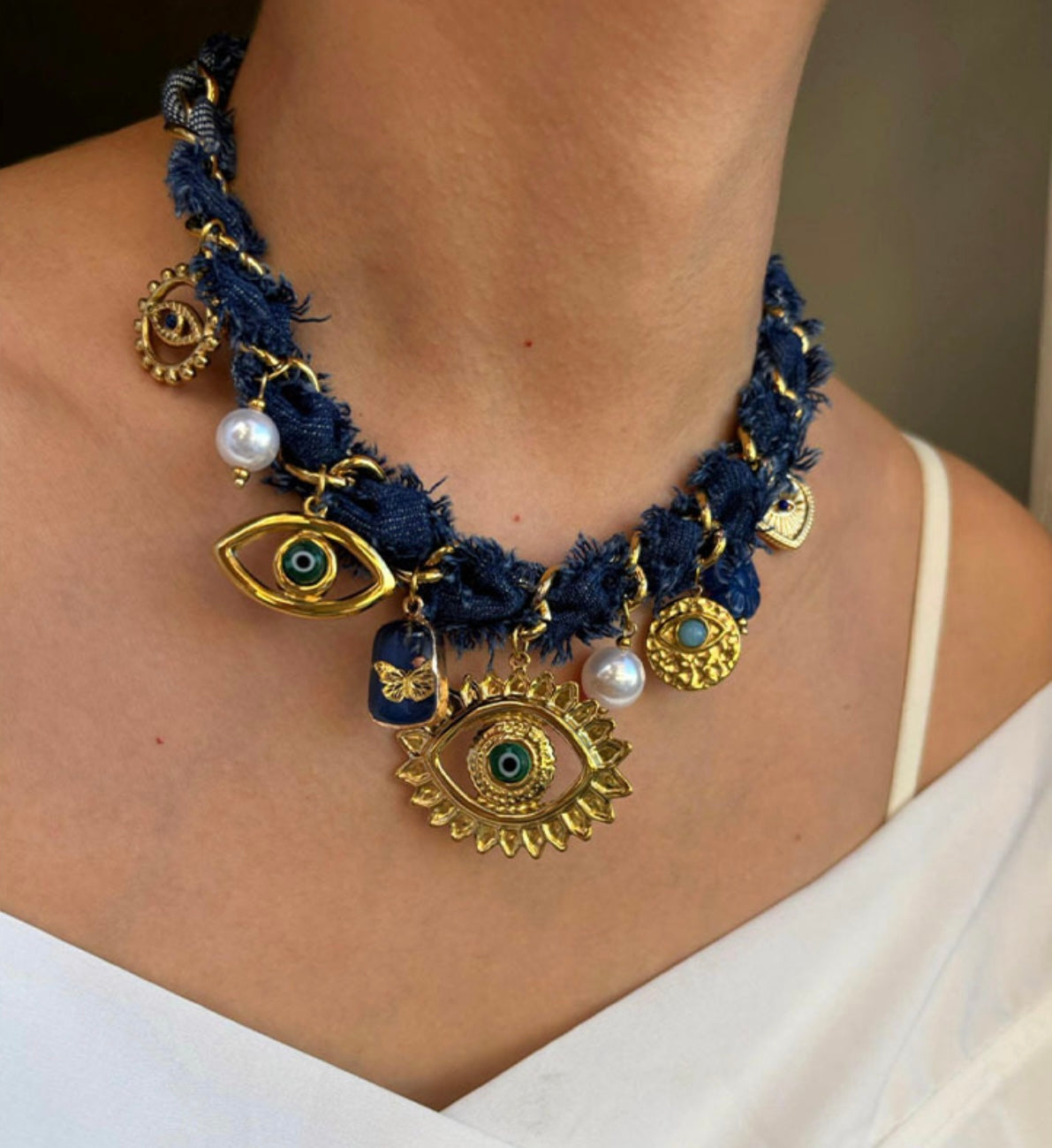 Denim eye gold necklace