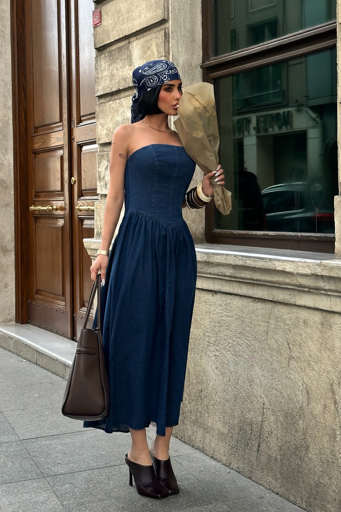 Waist Strapless Denim Dress