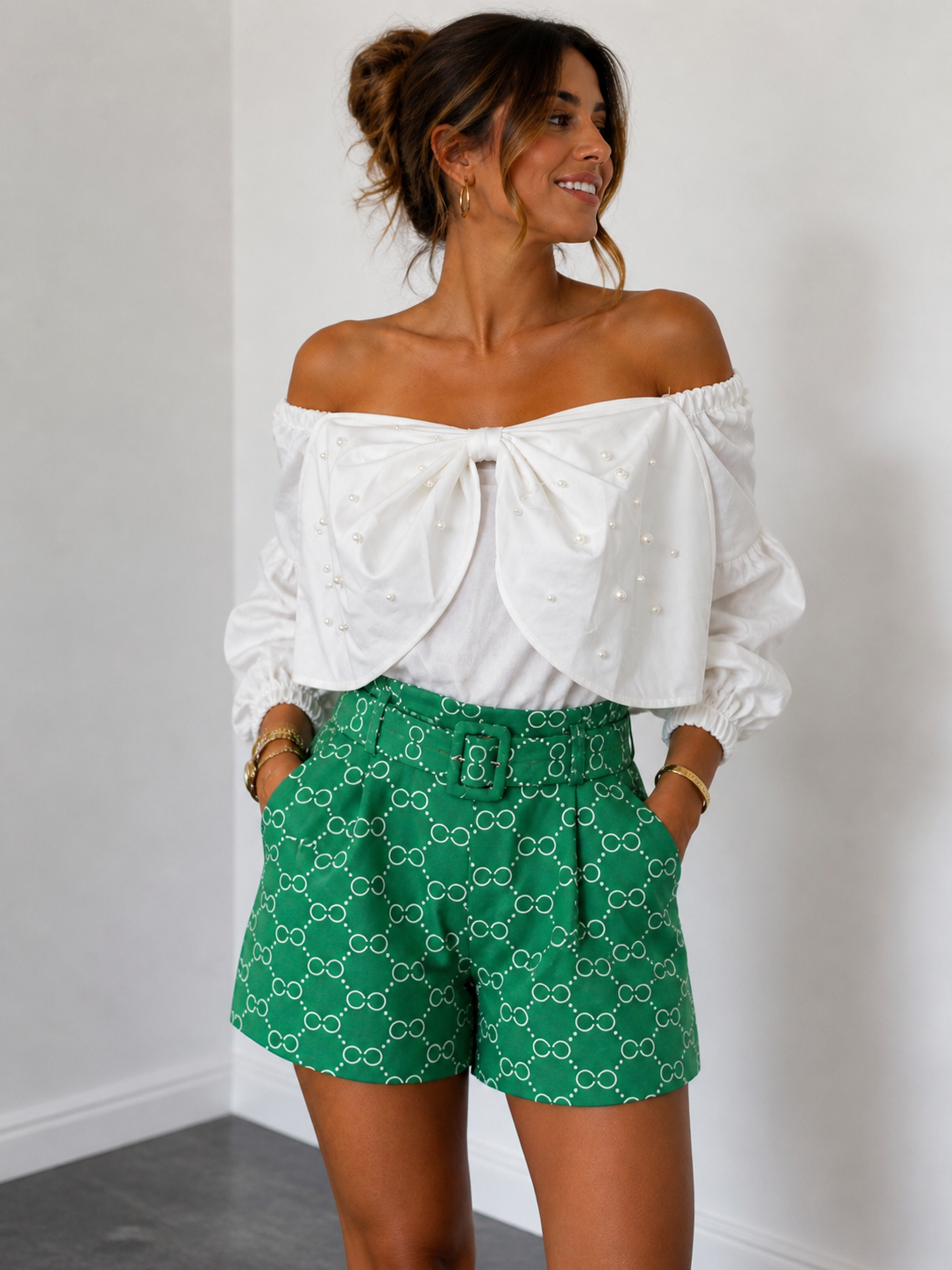 Off The Shoulder Pearl Embellished Bow Tops