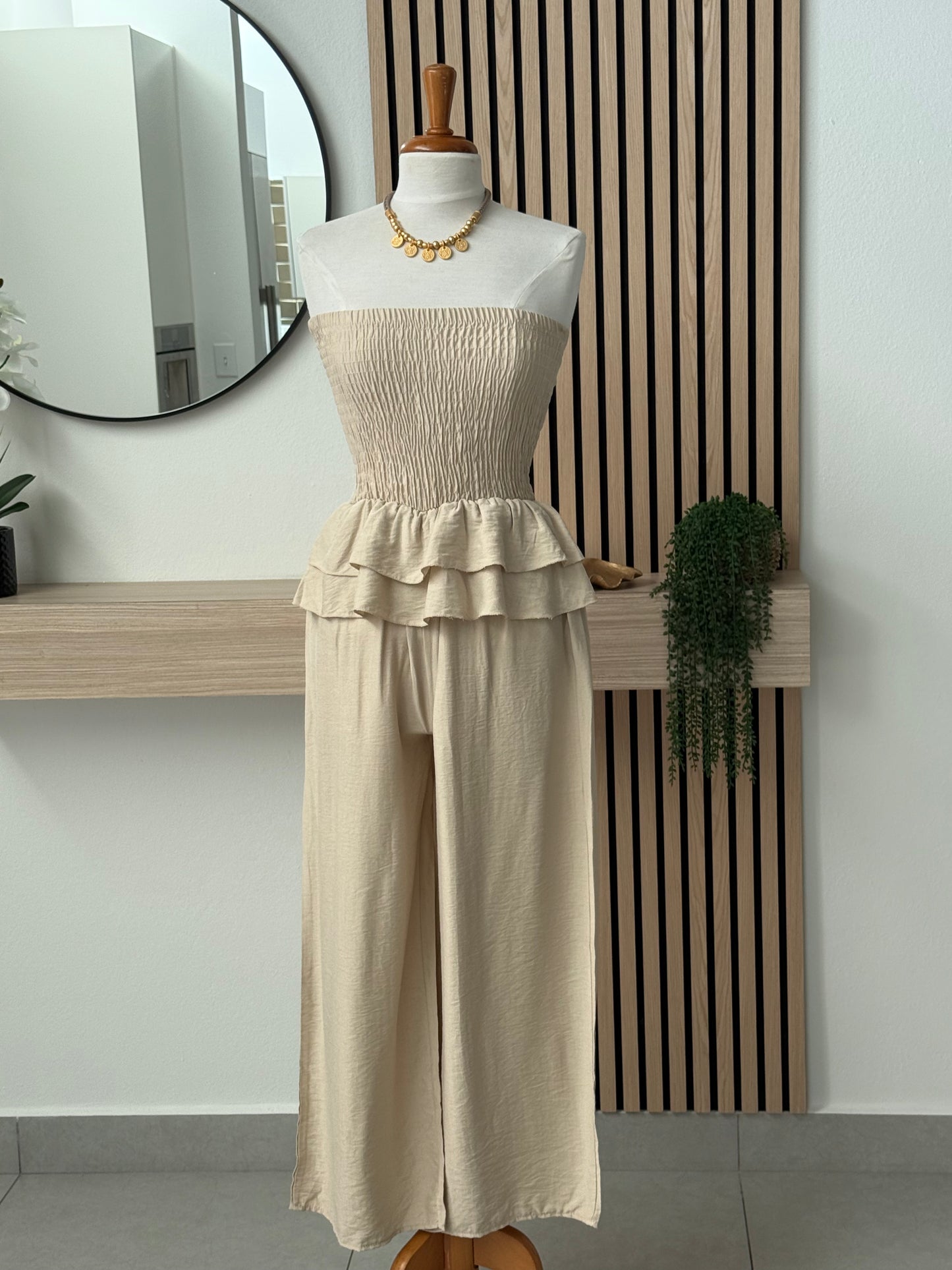 Strapless beige jumpsuit