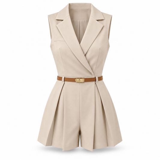Cream Tailored Belted Romper