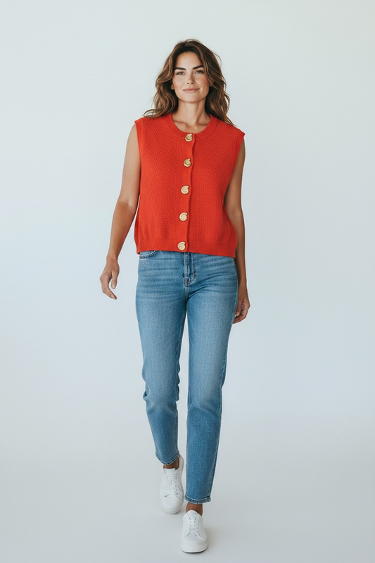 Orange knitted shell buttons top