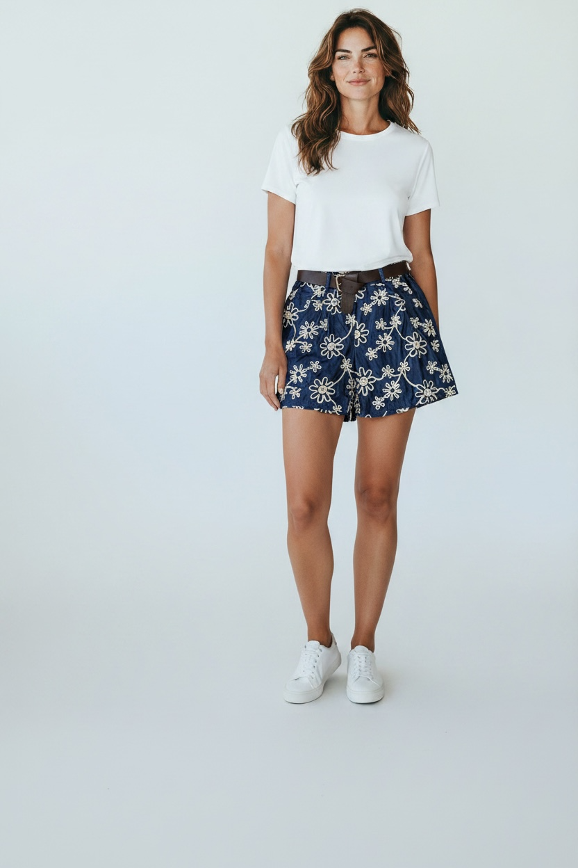 Oversized embroidered shorts with belt
