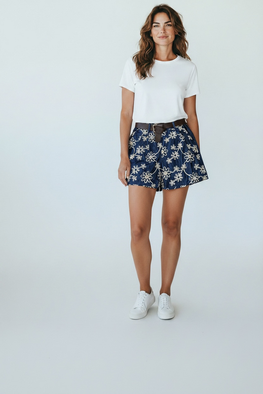 Oversized embroidered shorts with belt