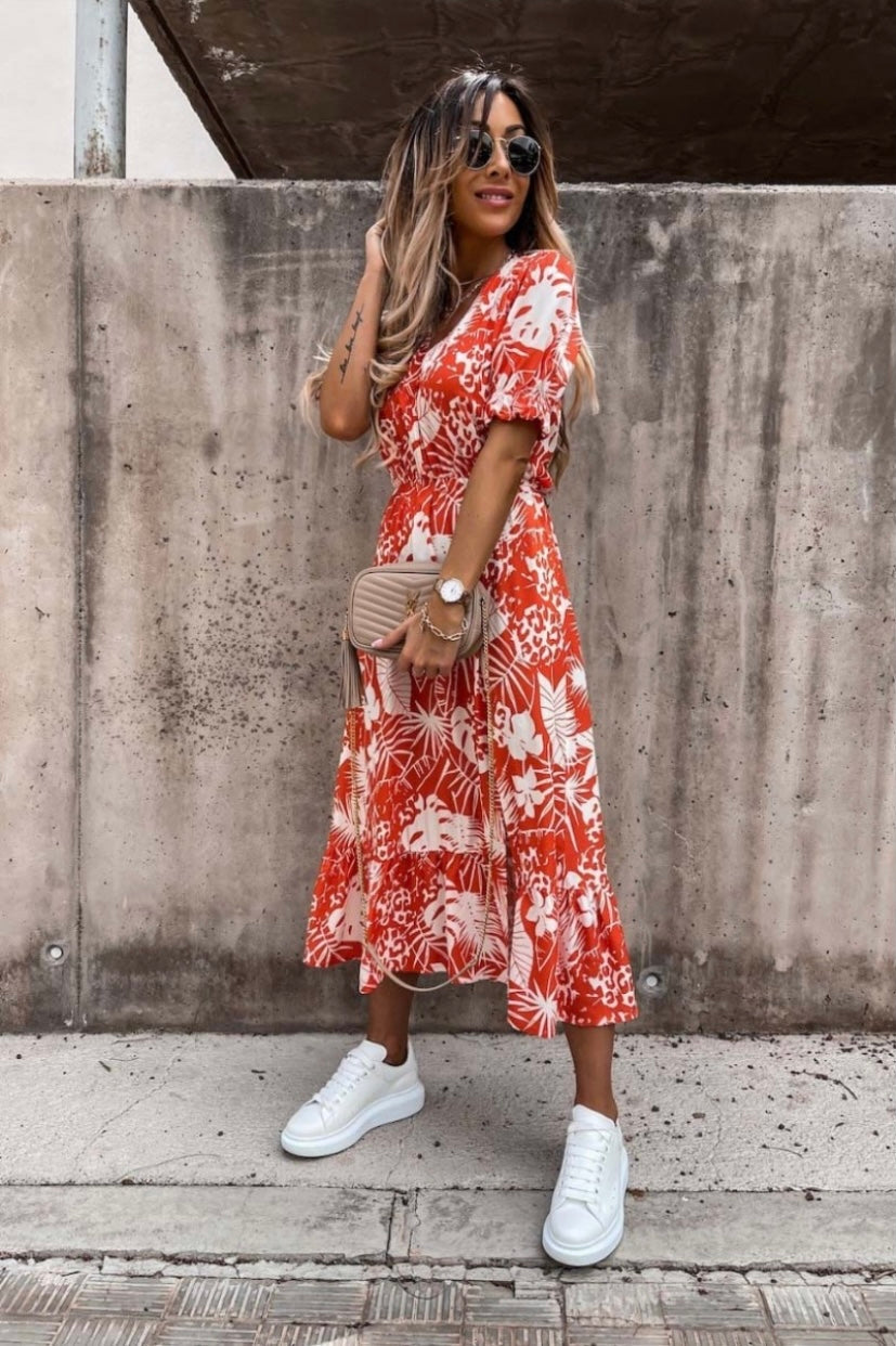 Red floral midaxi dress