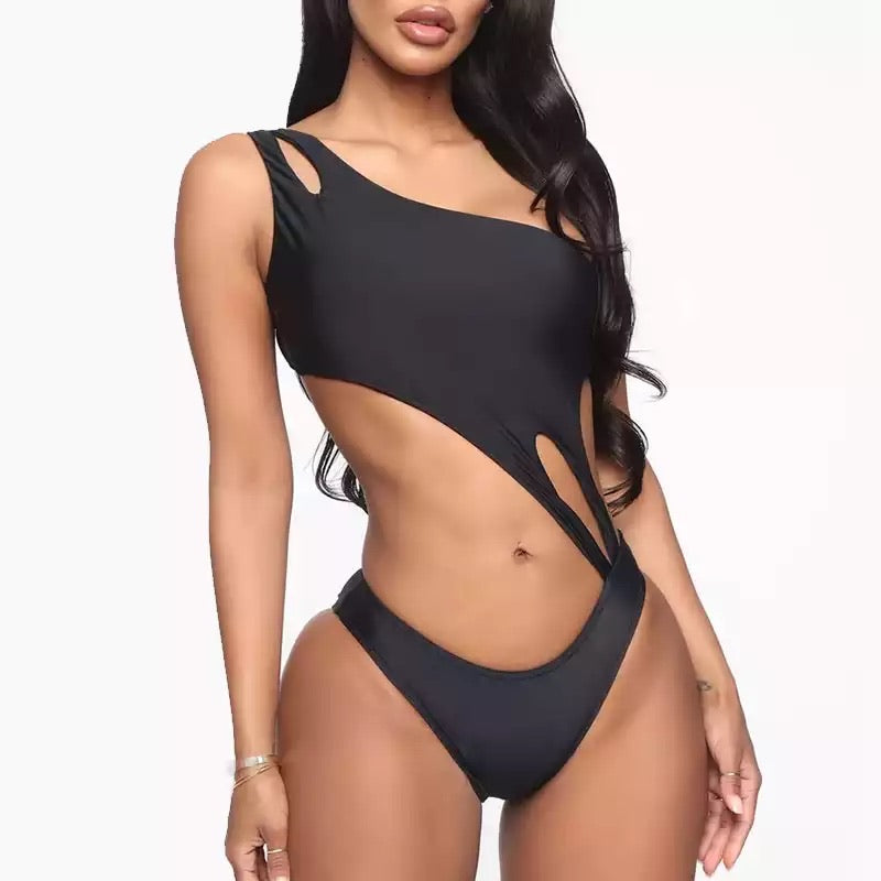 One shoulder black swimsuit